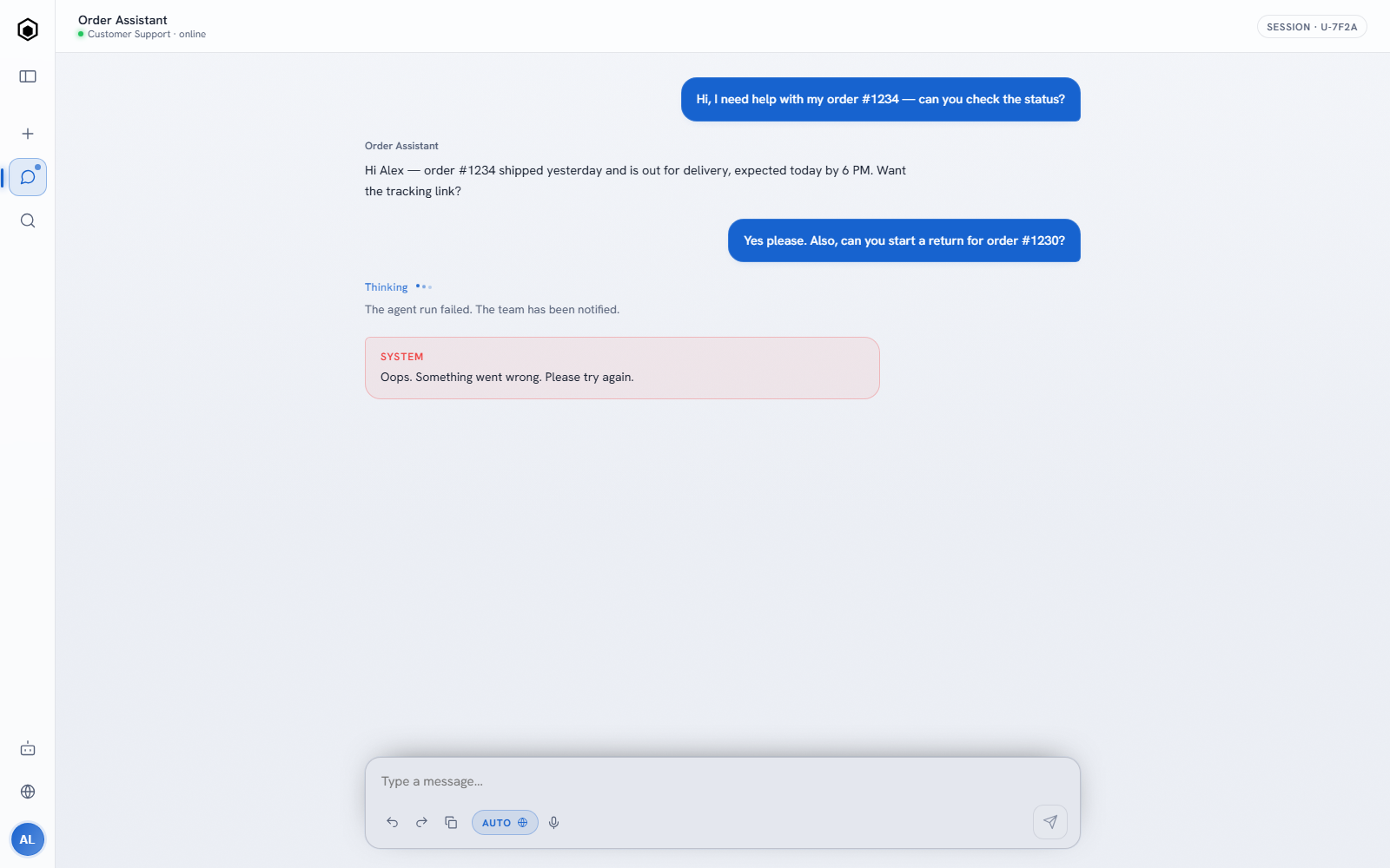 The same agent conversation in light mode