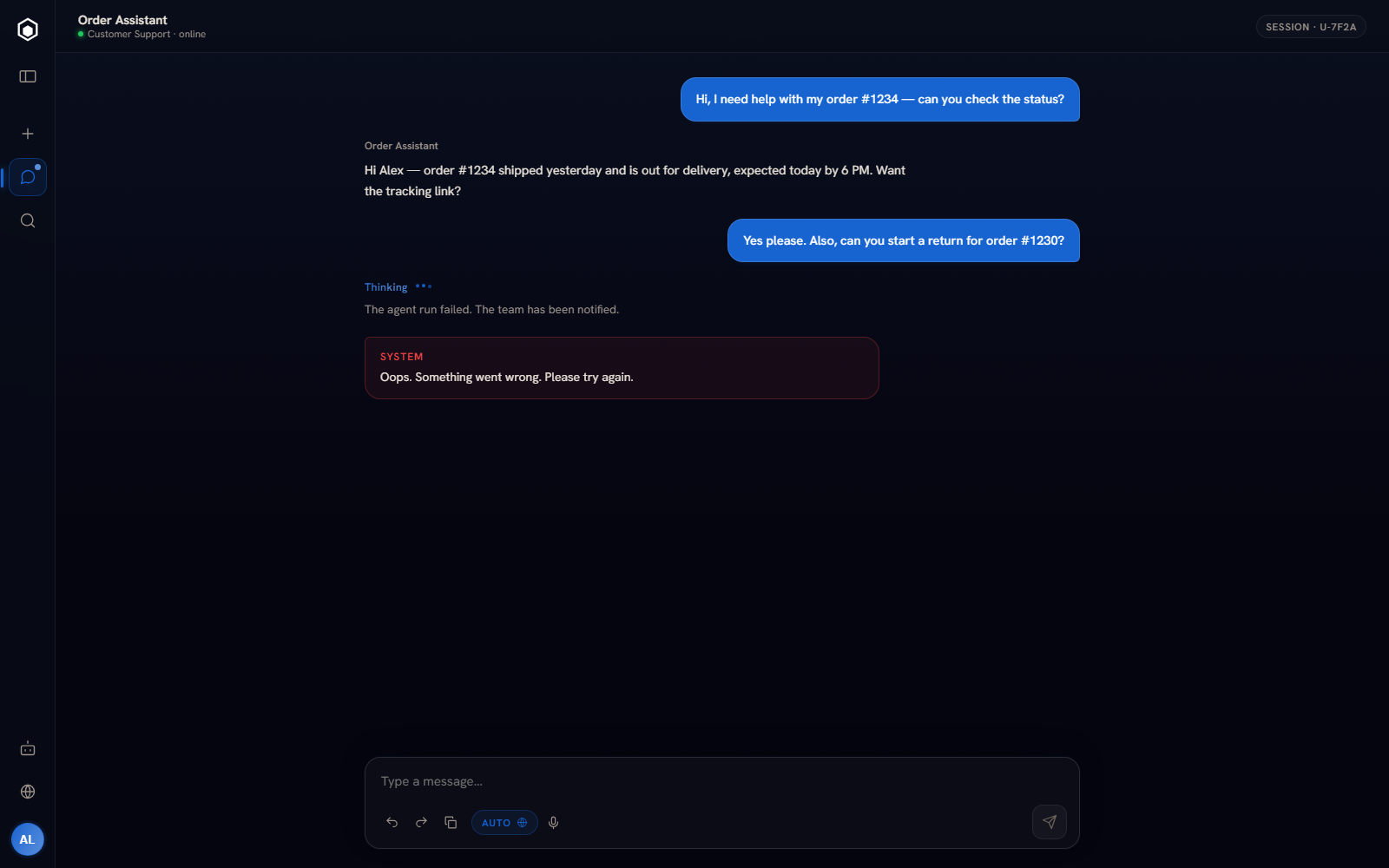 Dark chat UI with an AI order assistant conversation, thinking state and a system error card