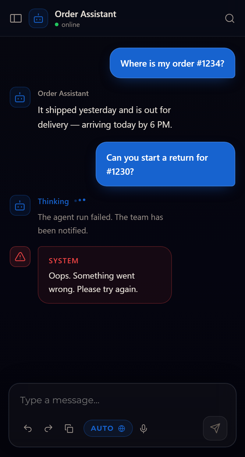 Mobile chat surface with the agent conversation, thinking state and system error card at phone width
