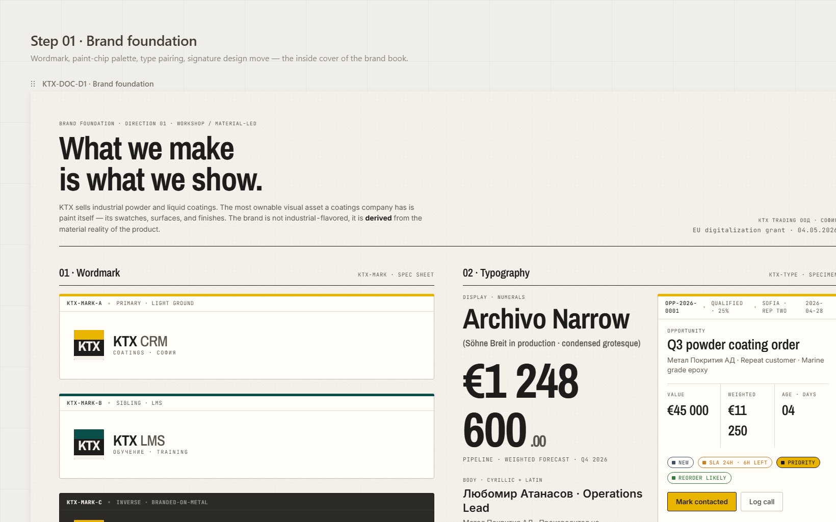 Brand foundation sheet: wordmark spec, paint-chip palette and condensed display type on warm paper