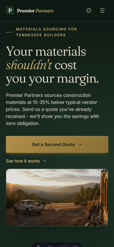 Responsive mobile home page with editorial serif hero, gold quote CTA and mountain jobsite image