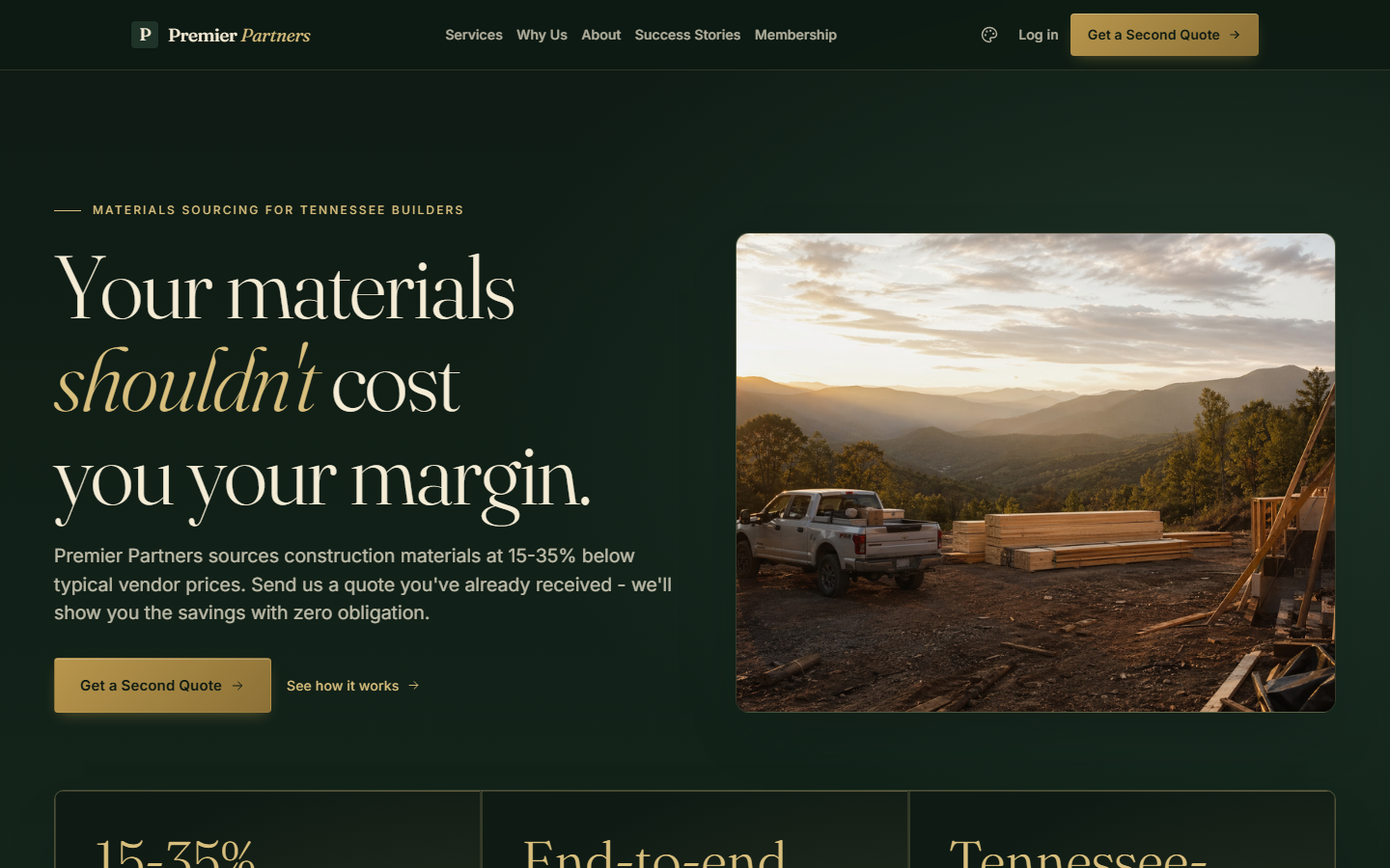 Deep-green editorial home page: serif headline over a mountain jobsite photo with a gold quote CTA