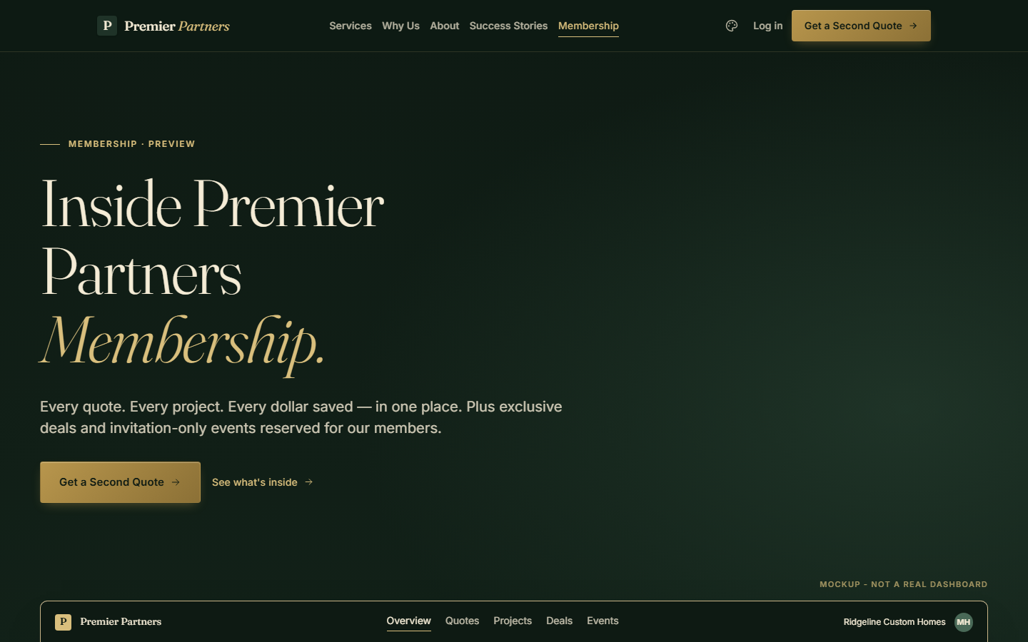 Membership page with a member-dashboard preview showing savings ledger, quotes and concierge panel